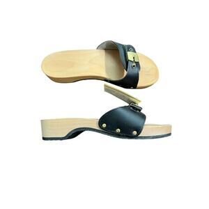 Dr. Scholl's The Original Wooden Sandals Slides Black Leather Size  8 
Italy New